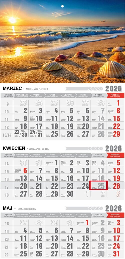 Okładka: Kalendarz 2026 Trójdzielny Ekonomiczny z magnesem Plaża KTM-VM-14